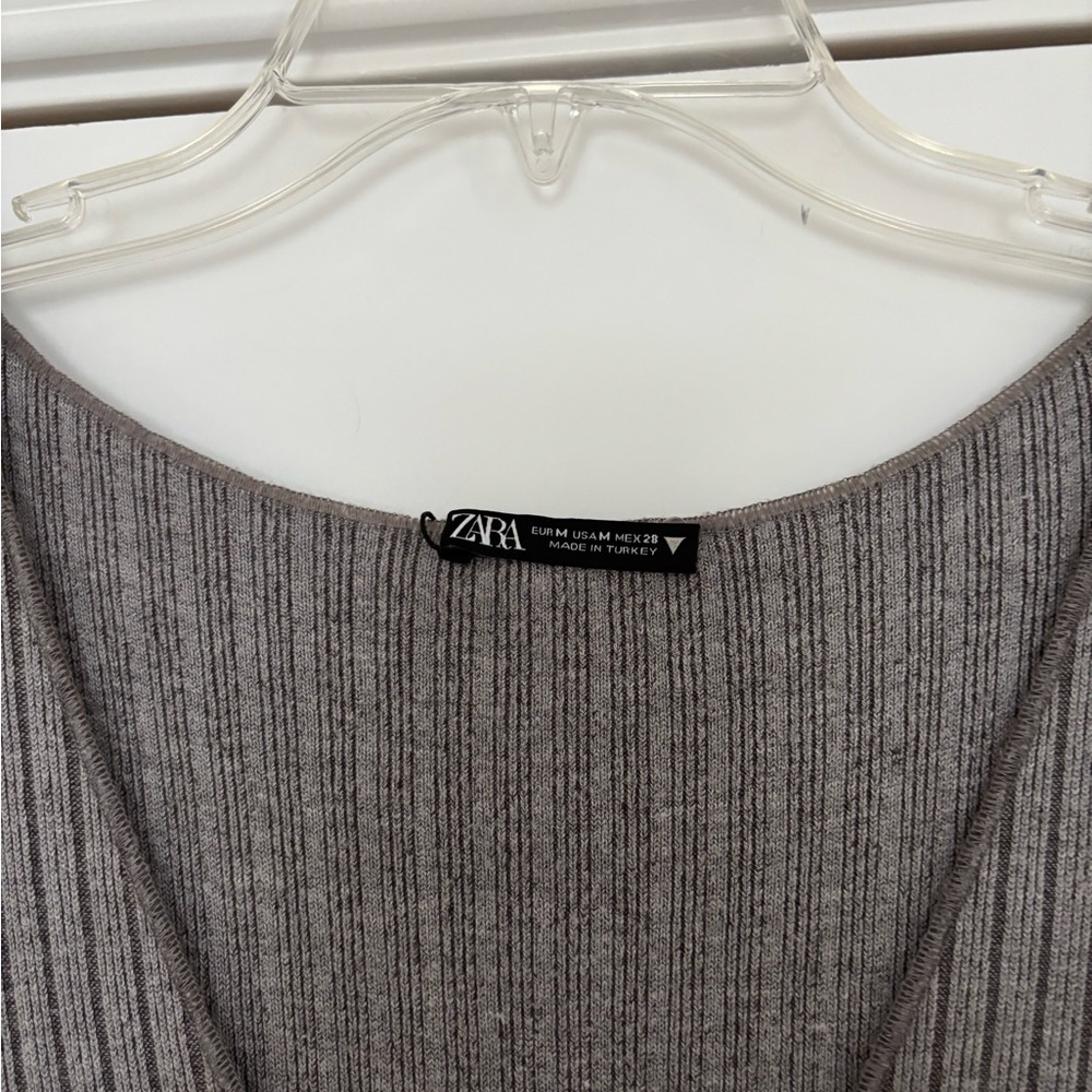 Zara Ribbed V-Neck Long Sleeve Knit Dress - Gray - Picture 3 of 7